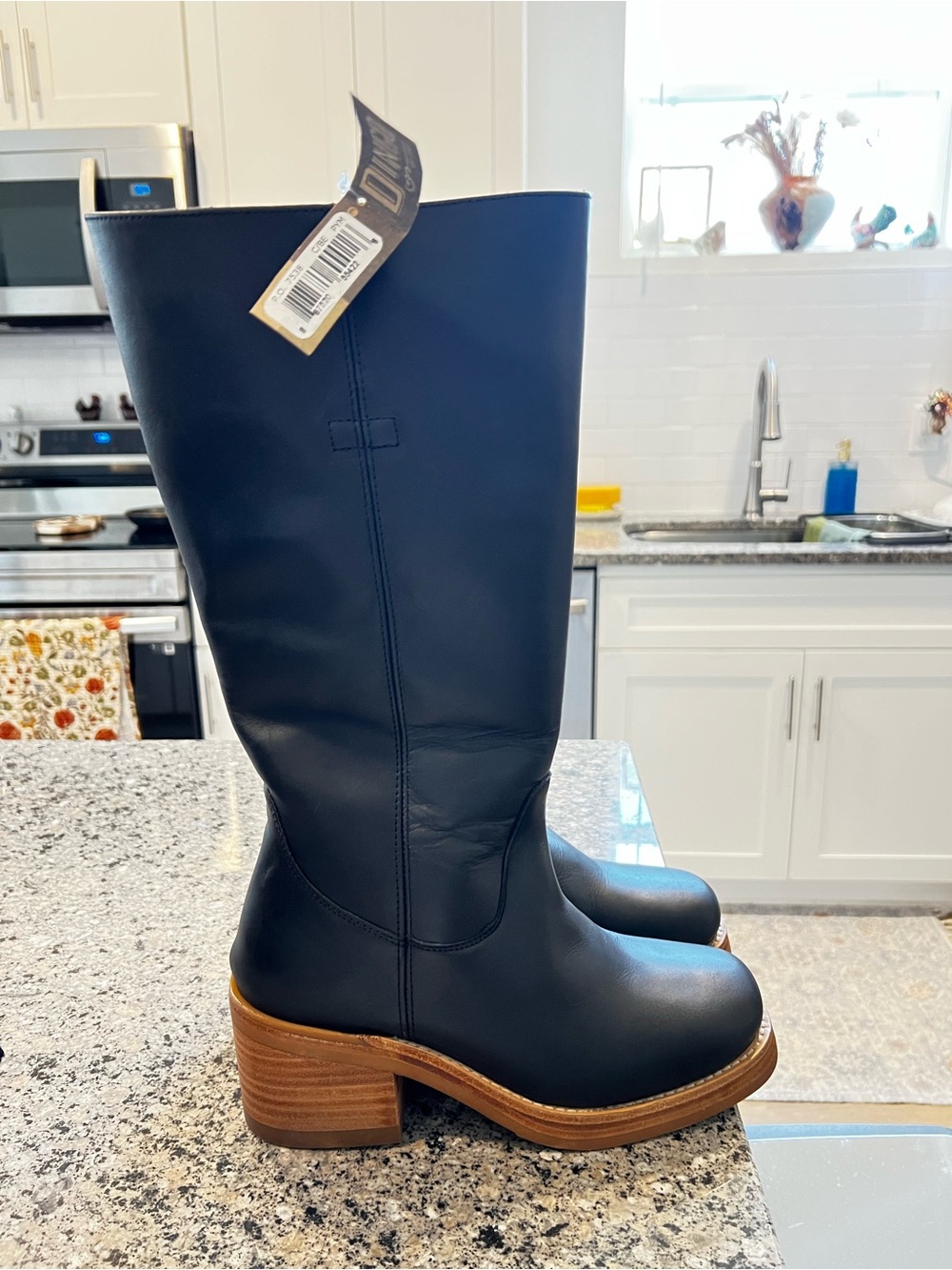 dingo Bagabond Black Tall Leather Boots with Stacked Wood-Look Heel